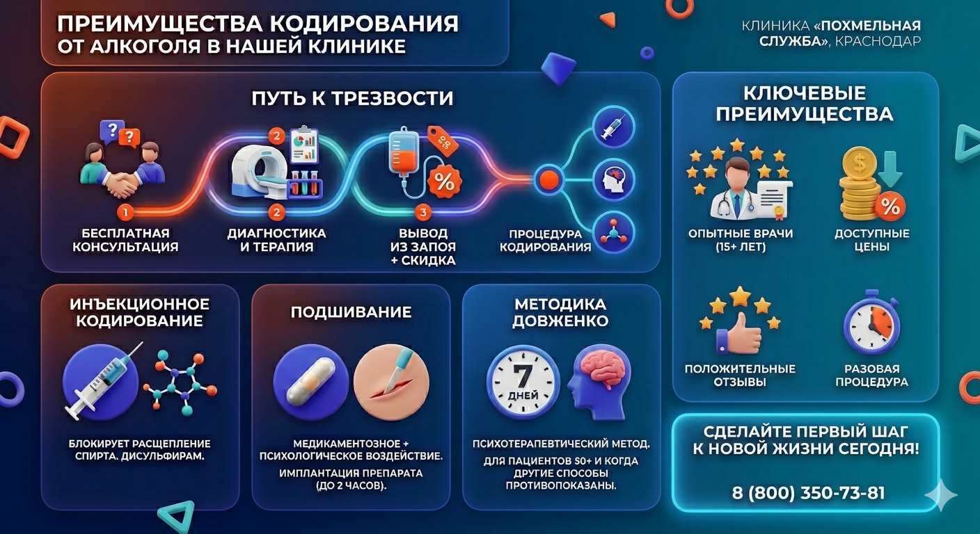 Инфографика о методах кодирования от алкоголя в Солнечногорске: инъекции, подшивание, метод Довженко. Преимущества клиники и этапы лечения.