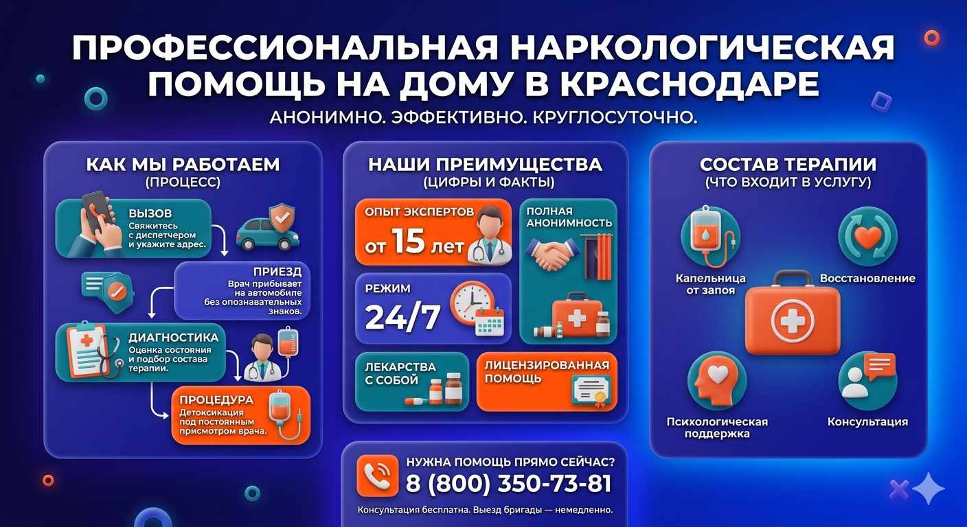 Инфографика о принципах лечения алкоголизма на дому в Солнечногорске: этапы вызова нарколога, преимущества анонимной детоксикации и состав медицинской помощи.
